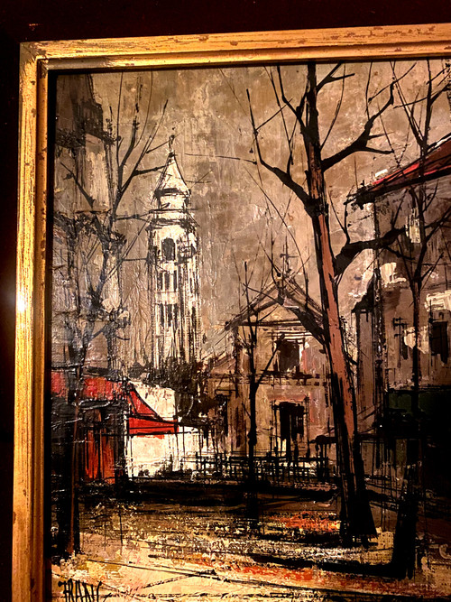  Très belle et étrange vue de Montmartre en 1966 huile sur toile encadrée signée Franc , suiveur de Buffet