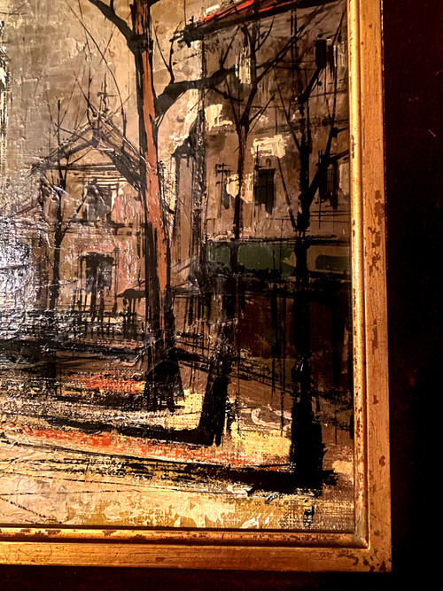  Très belle et étrange vue de Montmartre en 1966 huile sur toile encadrée signée Franc , suiveur de Buffet