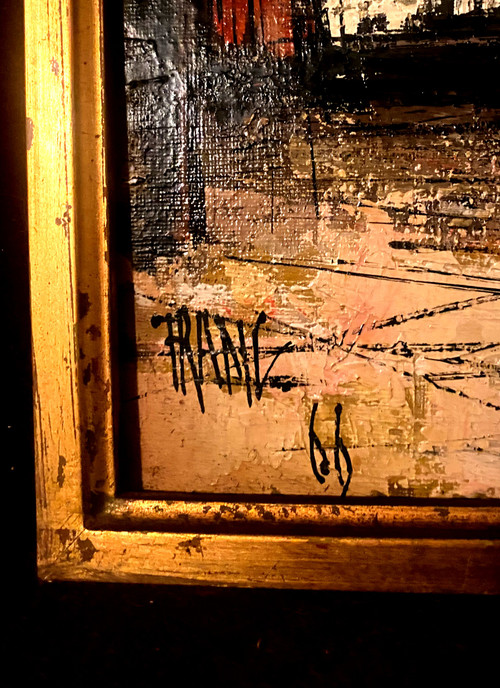  Très belle et étrange vue de Montmartre en 1966 huile sur toile encadrée signée Franc , suiveur de Buffet