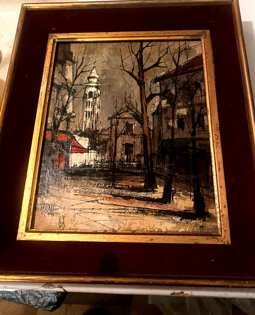  Très belle et étrange vue de Montmartre en 1966 huile sur toile encadrée signée Franc , suiveur de Buffet