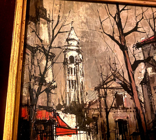  Très belle et étrange vue de Montmartre en 1966 huile sur toile encadrée signée Franc , suiveur de Buffet