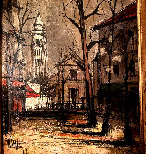  Très belle et étrange vue de Montmartre en 1966 huile sur toile encadrée signée Franc , suiveur de Buffet