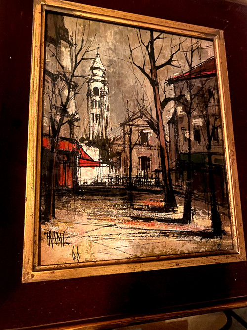  Très belle et étrange vue de Montmartre en 1966 huile sur toile encadrée signée Franc , suiveur de Buffet