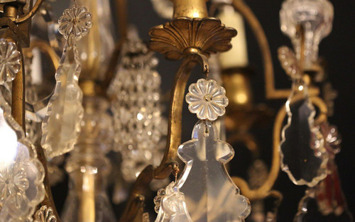 Lustre XIXème, Pampilles, Cristal Et Bronze