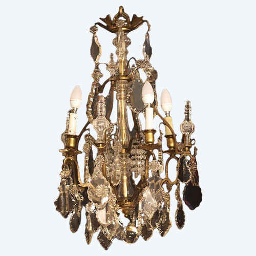 19th century chandelier, crystal and bronze pendants