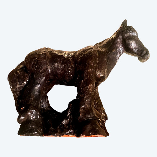 Terracotta originale smaltata in nero metallizzato di un cavallo da tiro Percheron degli anni '70 firmato Val