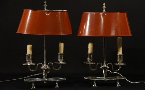 Coppia di lampade Bouillotte, bronzo argentato, XIX secolo, elettrificate