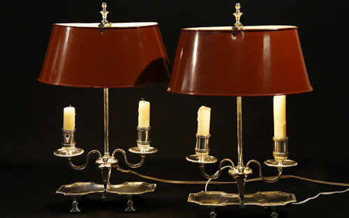 Coppia di lampade Bouillotte, bronzo argentato, XIX secolo, elettrificate
