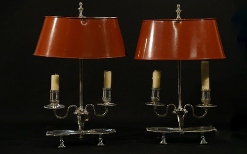 Coppia di lampade Bouillotte, bronzo argentato, XIX secolo, elettrificate