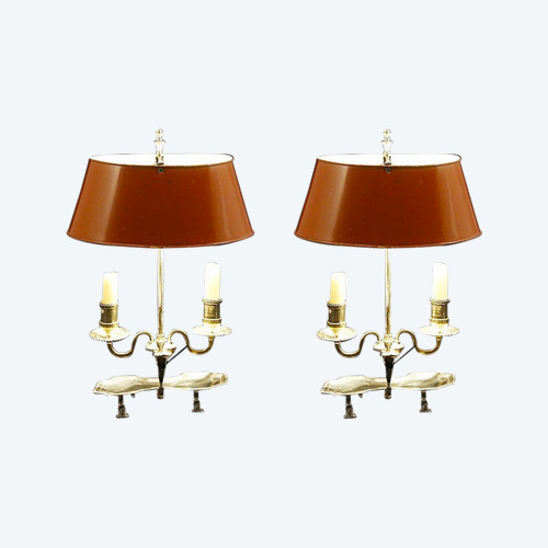 Coppia di lampade Bouillotte, bronzo argentato, XIX secolo, elettrificate