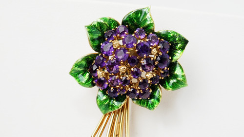 Broche En Or Jaune, Améthystes Et Email