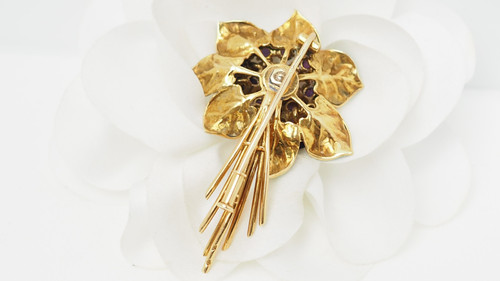 Broche En Or Jaune, Améthystes Et Email