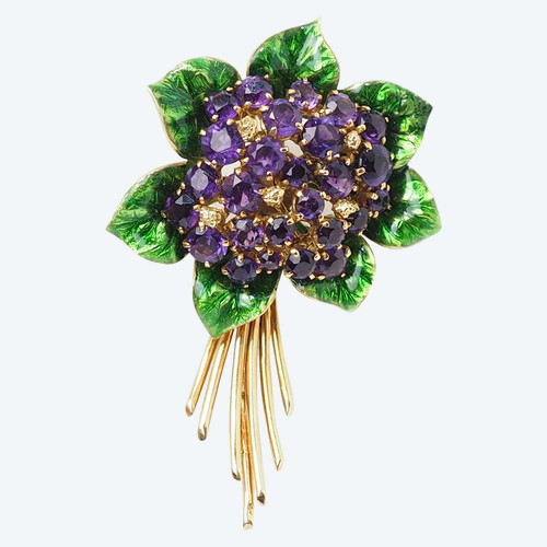 Broche En Or Jaune, Améthystes Et Email