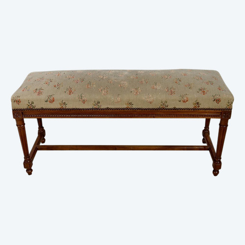 Long solid walnut bench seat, Louis XVI style - 1900