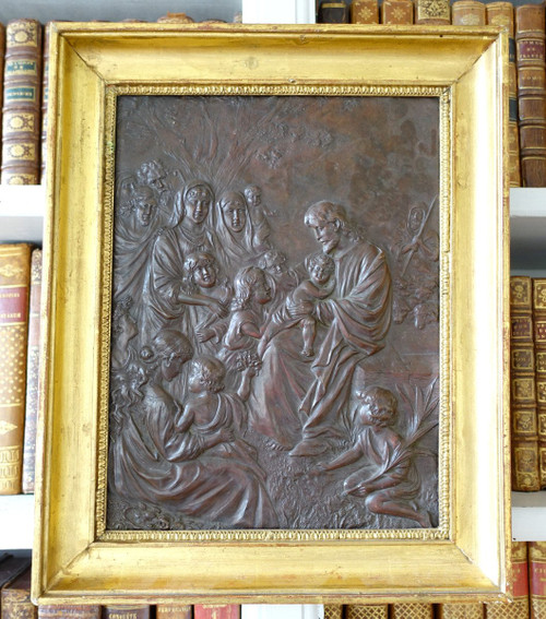 Dipinto in rame repoussé, Cristo "Lasciate che i bambini vengano a me" epoq. Restauro