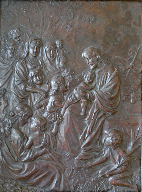 Dipinto in rame repoussé, Cristo "Lasciate che i bambini vengano a me" epoq. Restauro