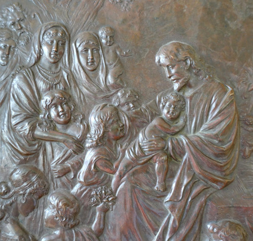 Dipinto in rame repoussé, Cristo "Lasciate che i bambini vengano a me" epoq. Restauro