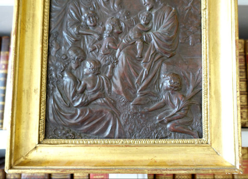 Dipinto in rame repoussé, Cristo "Lasciate che i bambini vengano a me" epoq. Restauro