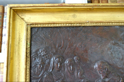 Dipinto in rame repoussé, Cristo "Lasciate che i bambini vengano a me" epoq. Restauro