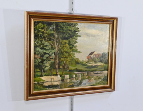Peinture à l’Huile sur Bois, signée M.Cauvet – 1958