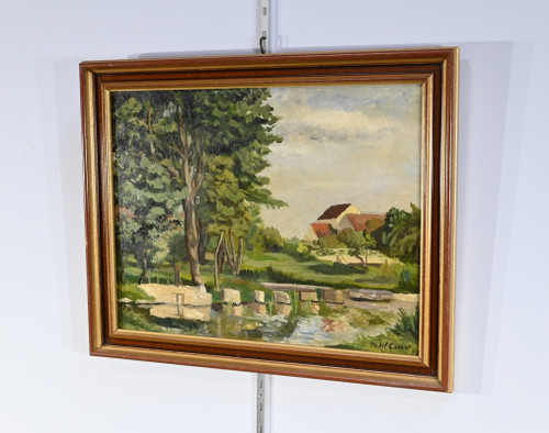 Peinture à l’Huile sur Bois, signée M.Cauvet – 1958