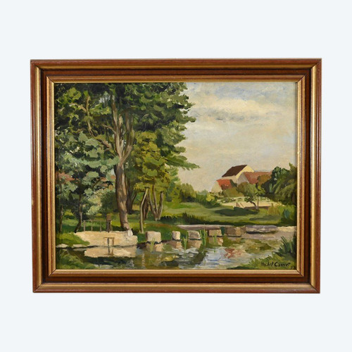 Peinture à l’Huile sur Bois, signée M.Cauvet – 1958