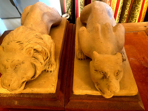 Leone e leonessa in argilla da studio, progetto di doccione di Geoffroy, seguace di Viollet-le-Duc, XIX secolo