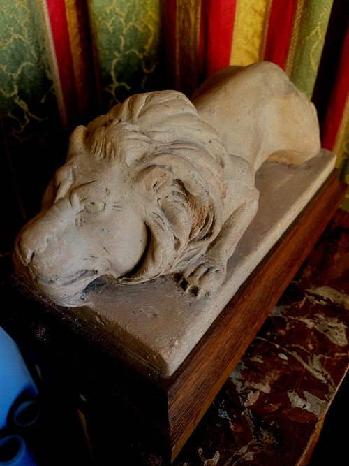Leone e leonessa in argilla da studio, progetto di doccione di Geoffroy, seguace di Viollet-le-Duc, XIX secolo