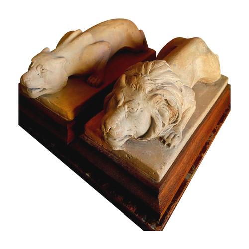 Lion and lioness in Atelier clay, gargoyles project by Geoffroy, a follower of Viollet-le-Duc , 19th c.