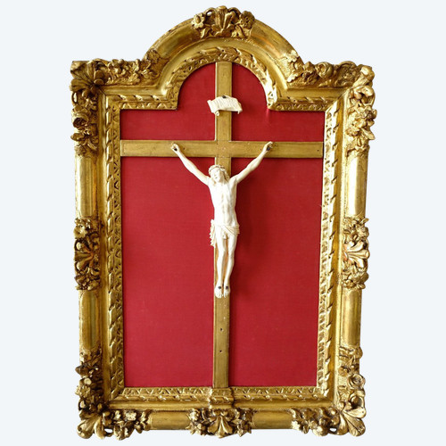 Grande Cristo In Avorio, Cornice In Legno Dorato, Periodo Reggenza Luigi XIV - Inizio XVIII Secolo