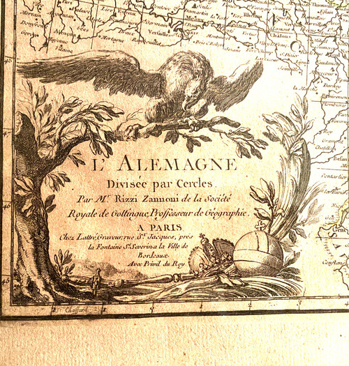 Belle carte à rehauts d'aquarelle de l'Allemagne  milieu XVIIIème par Mr Rizzi Zannoni de la Société Royale de Goltingue . A Paris chez Lattré