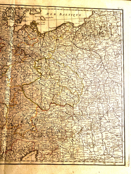 Belle carte à rehauts d'aquarelle de l'Allemagne  milieu XVIIIème par Mr Rizzi Zannoni de la Société Royale de Goltingue . A Paris chez Lattré