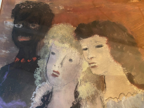 Erstaunliche Gouache-Zeichnung von Sigismond Olesiewicz, genannt "Jean Olin" (1891 Ukraine - Paris 1972) drei Frauen hinter den Kulissen ...