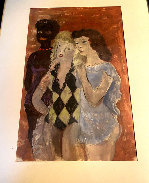 Erstaunliche Gouache-Zeichnung von Sigismond Olesiewicz, genannt "Jean Olin" (1891 Ukraine - Paris 1972) drei Frauen hinter den Kulissen ...