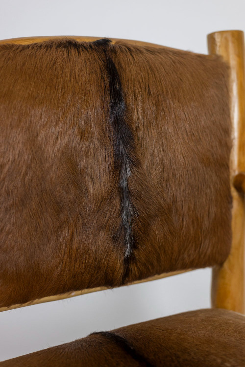 Brutalist armchair in elm and goatskin, 1970s