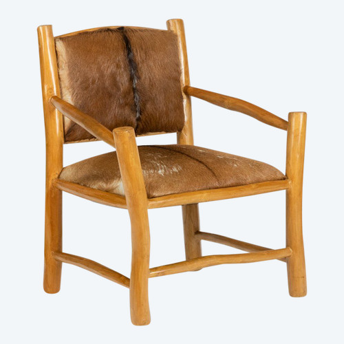 Brutalist armchair in elm and goatskin, 1970s