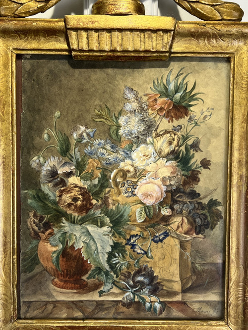 XVIIIth CENTURY FRAME IN SCULPTTED AND GILDED WOOD AND XVIIIth CENTURY AQUARELLE WITH SIGNED FLORAL DECOR