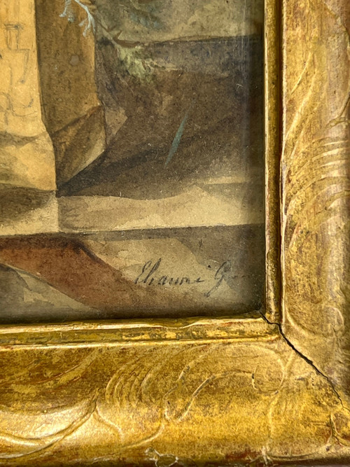 XVIIIth CENTURY FRAME IN SCULPTTED AND GILDED WOOD AND XVIIIth CENTURY AQUARELLE WITH SIGNED FLORAL DECOR