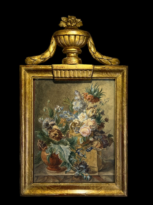 XVIIIth CENTURY FRAME IN SCULPTTED AND GILDED WOOD AND XVIIIth CENTURY AQUARELLE WITH SIGNED FLORAL DECOR