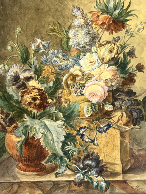 XVIIIth CENTURY FRAME IN SCULPTTED AND GILDED WOOD AND XVIIIth CENTURY AQUARELLE WITH SIGNED FLORAL DECOR