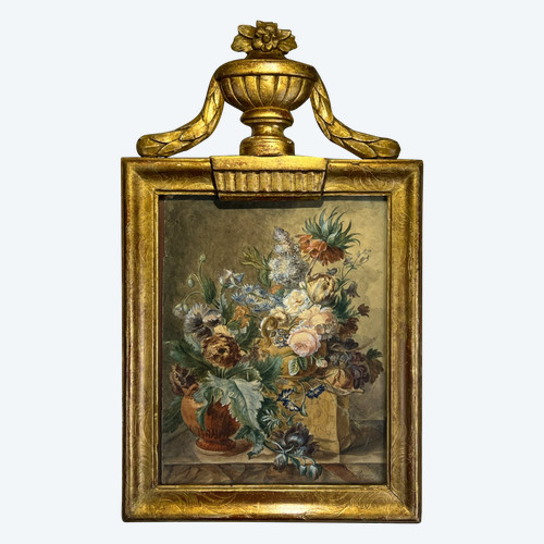 XVIIIth CENTURY FRAME IN SCULPTTED AND GILDED WOOD AND XVIIIth CENTURY AQUARELLE WITH SIGNED FLORAL DECOR