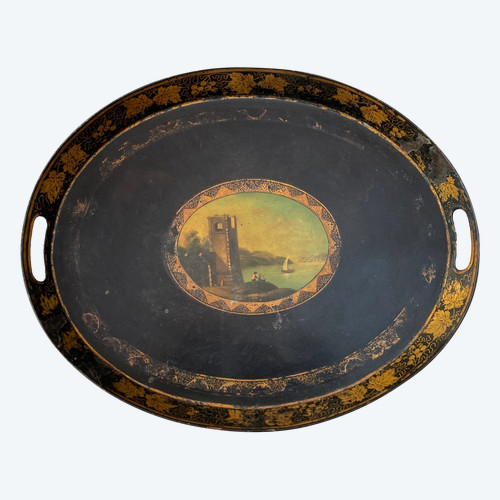 Ovales Napoleon III-Tablett aus lackiertem, vergoldetem und bemaltem Blech
