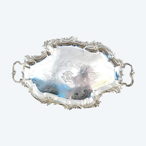 Large serving tray with ROCAILLE / MARLY decor in silver metal, FRENAIS hallmarked 70 cm