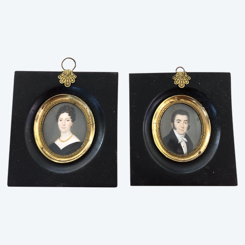 Old pair of miniatures from the EMPIRE period, portrait of a couple, 19th century painting