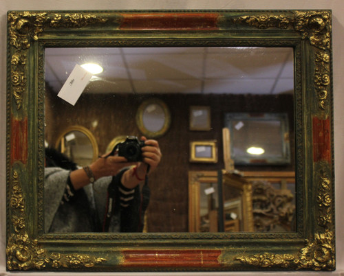 Small Rectangle Mirror, Green Tone Patina and Gold Leaf 49 x 62 Cm