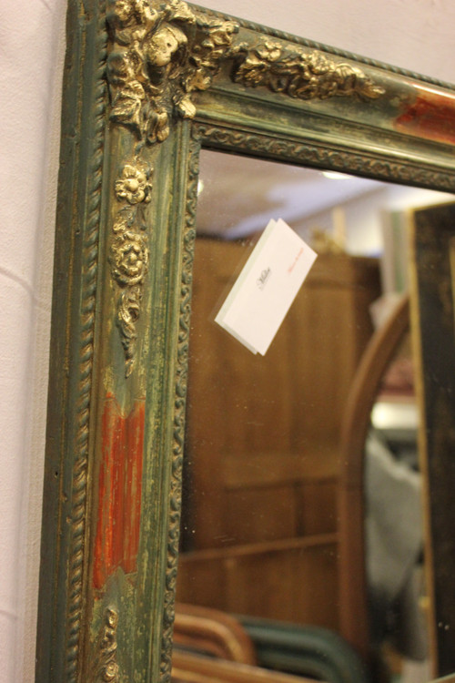 Small Rectangle Mirror, Green Tone Patina and Gold Leaf 49 x 62 Cm