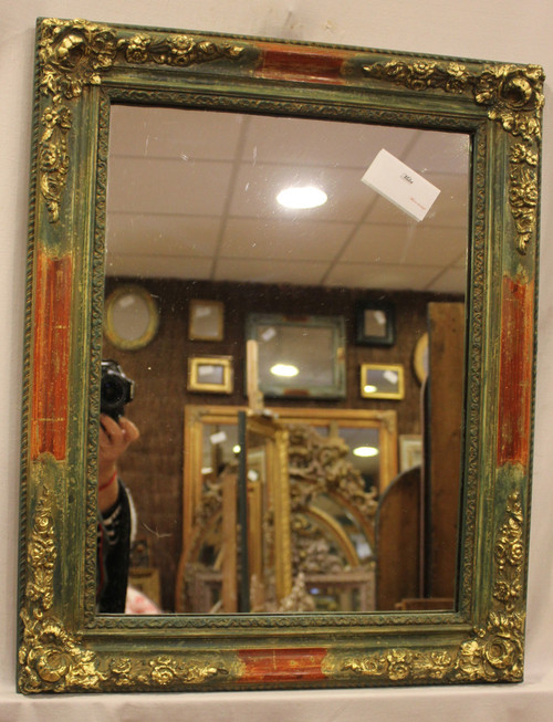 Small Rectangle Mirror, Green Tone Patina and Gold Leaf 49 x 62 Cm