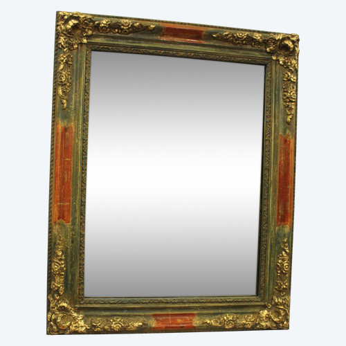 Small Rectangle Mirror, Green Tone Patina and Gold Leaf 49 x 62 Cm