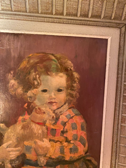 Öl auf Holz aus den 50er/60er Jahren, gerahmt von einem kleinen Mädchen, das ihr Lieblingsspielzeug „ihren ausgestopften Foxterrier“ hält