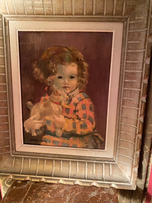 Öl auf Holz aus den 50er/60er Jahren, gerahmt von einem kleinen Mädchen, das ihr Lieblingsspielzeug „ihren ausgestopften Foxterrier“ hält